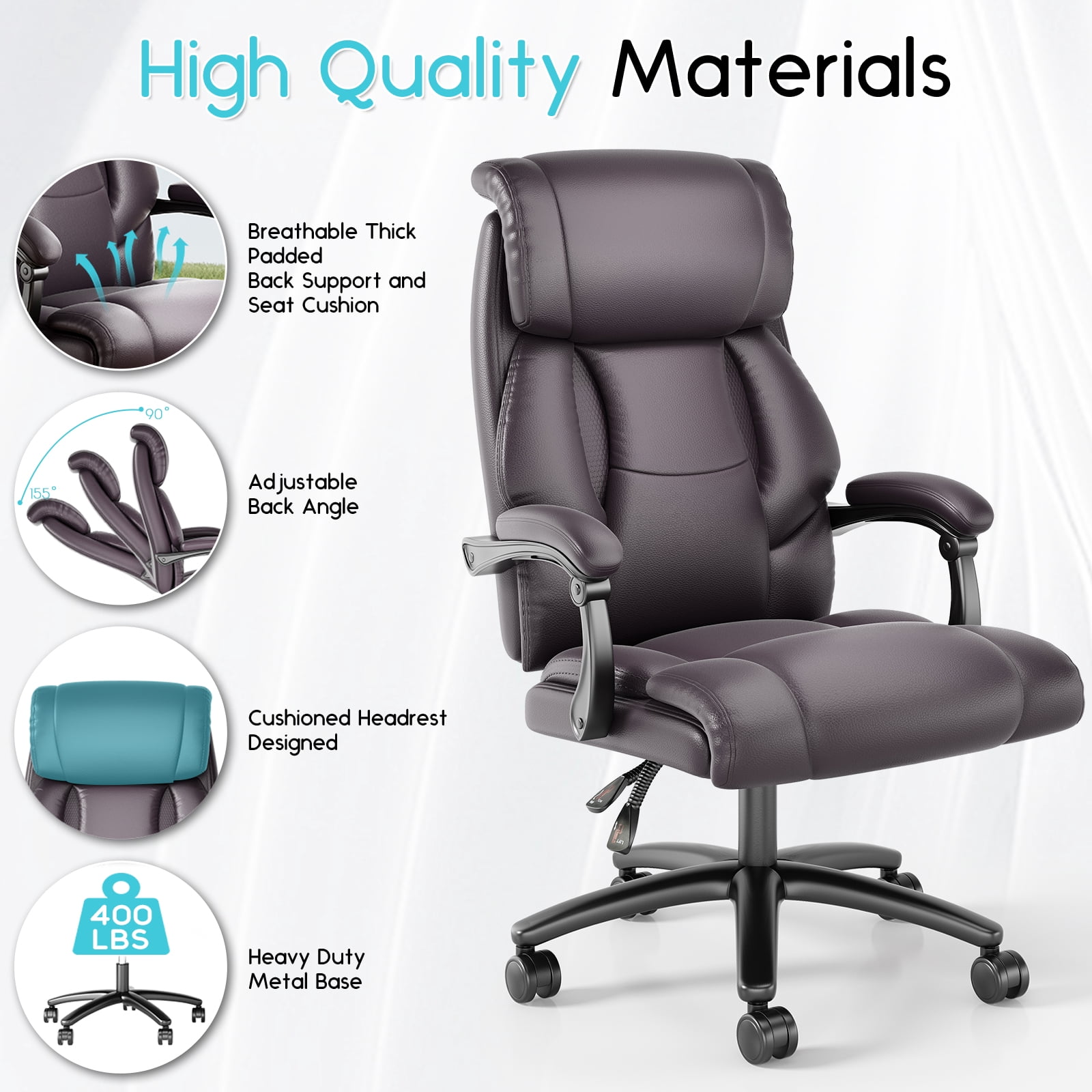 iooHug Reclining Executive Office Chair, Big and Tall Desk Chair with Wide Seat, High Back Ergonomic Computer Chair, Heavy Duty Faux Leather Recliner for Home Office, 400lbs, Black