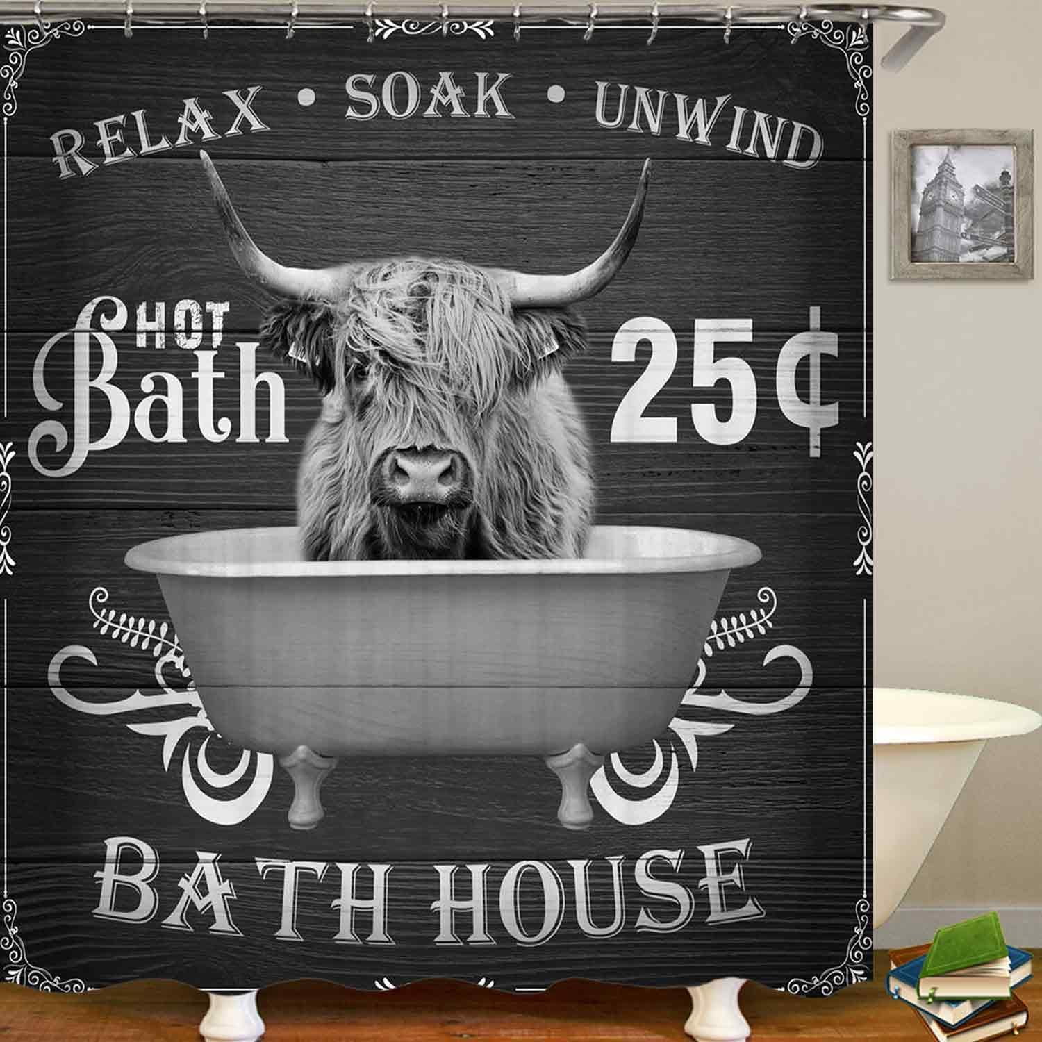 4PCS Funny Highland Cow Shower Curtain Set, Waterproof White Fabric Shower Curtain, Non-Slip Bath Mat Bathroom Rugs Sunflower Floral Farm Animal Western Country Rustic Farmhouse Bathroom Decor