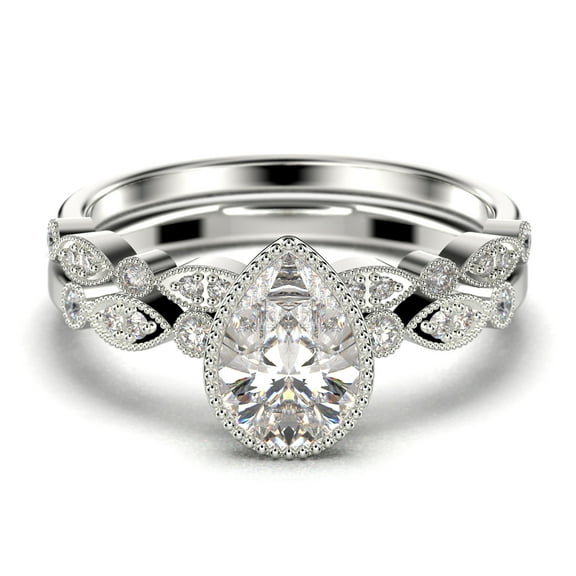 Dazzling Boho & hippiepie 1.75 Carat Pear Cut Diamond Moissanite Engagement Ring, Classic Wedding Ring, One Matching Band in 10k Solid White Gold, Birthday Gift, Promise Ring