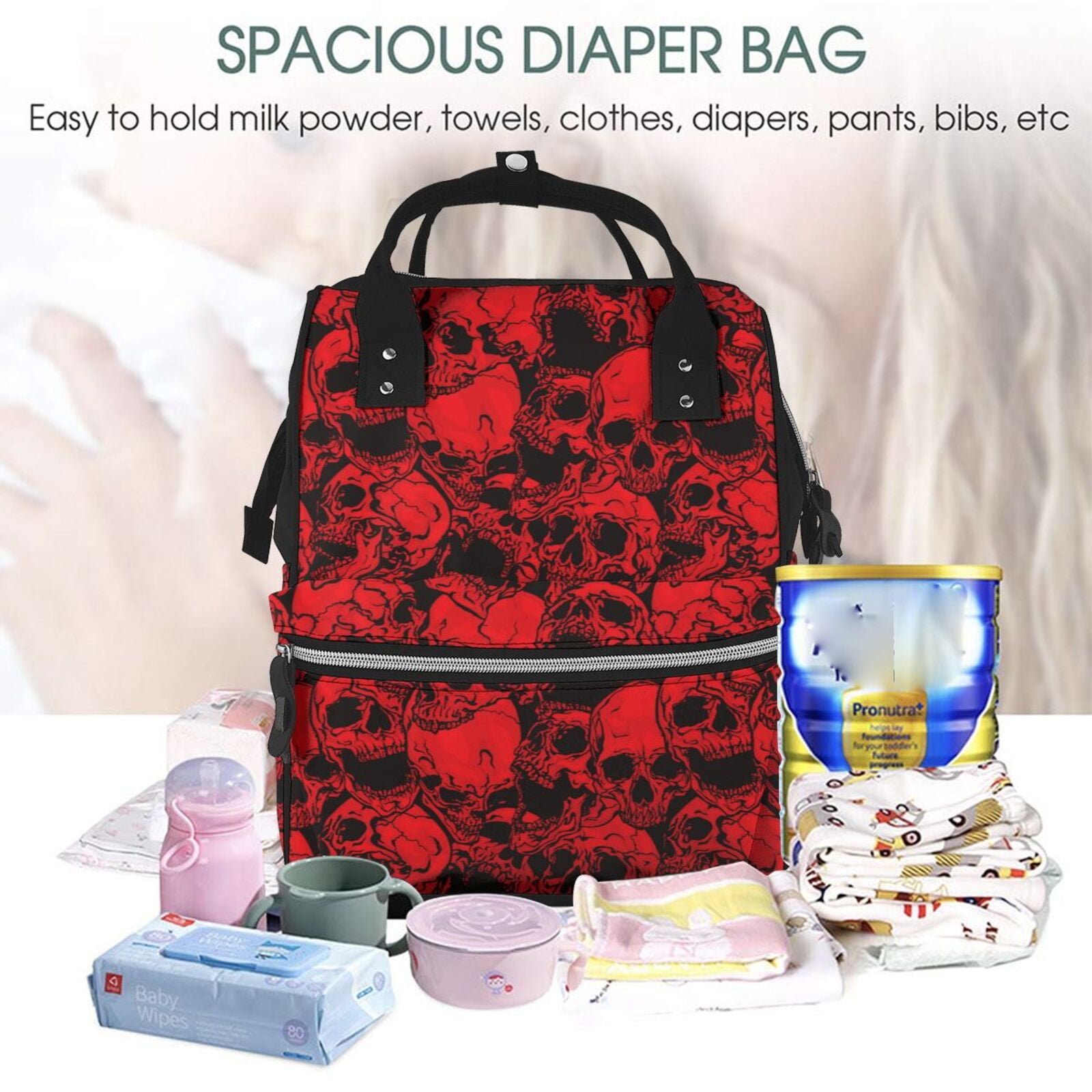 Ratiio Red Skulls 3 Mummy Backpack - Waterproof Twill Canvas, Large Capacity Diaper Bag with Multiple Pockets and Adjustable Straps