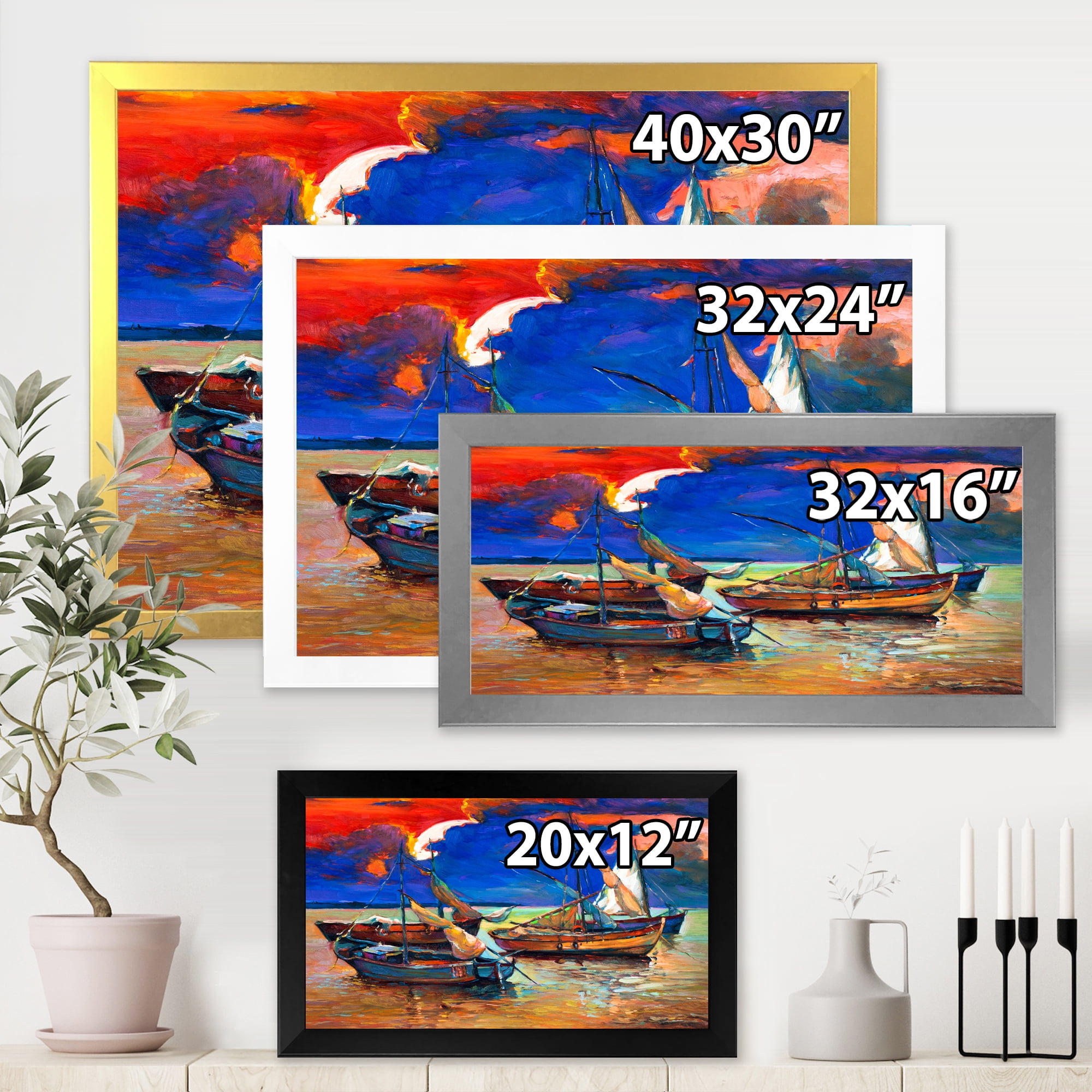 Designart 'Boats On The Water With Dark Blue Sky I' Lake House Framed Art Print