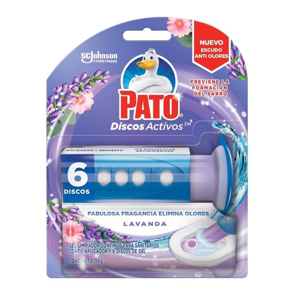 Discos Activos Gel Limpiador Continuo para Sanitarios Pato Lavanda Aplicador y 6 Discos de Gel con 38 ml
