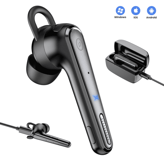 New bee Bluetooth Headset,Wireless Bluetooth Earpiece with ENC Noise Canceling Mic,500mAh Charging Case 180H Standby, LED Display,Single-Ear Hands-Free for Driving/Office/Conference