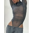 thumbnail image 4 of xiaxaixu Women Long Sleeve Bodysuits Solid Color Ruched Mesh See-Through Mock Neck Skinny Rompers Spring Fall Jumpsuits Streetwear, 4 of 5
