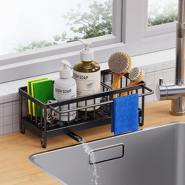 Organizador Multifuncional para Fregadero de Cocina, Porta Esponjas con Bandeja de Drenaje Automático, Perchero para Paños de Cocina, Acero Inoxidable Negro Resistente a la Corrosión