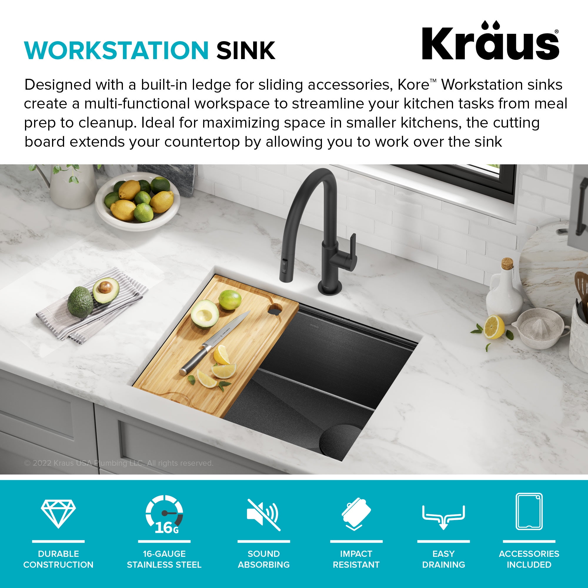 KRAUS Kore 23 Undermount Workstation 16 Gauge Black Stainless Steel Single Bowl Kitchen Sink in PVD Gunmetal Finish with Accessories