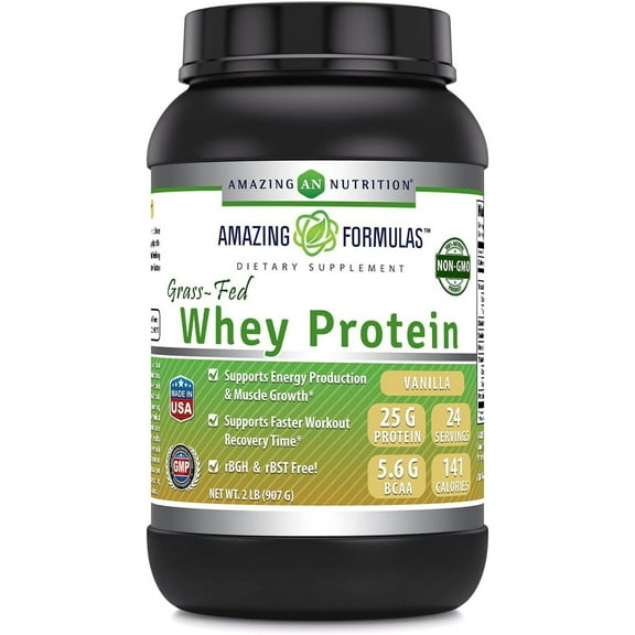 Amazing Formulas Grass-Fed Whey Protein 2Lbs Supplement | Vanilla Flavor | 24 Serving Per Unit | 25 Gram Protein per Serving | Made in USA