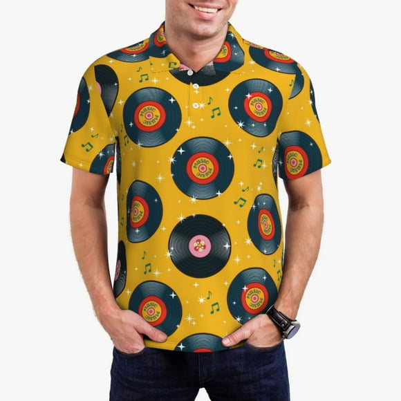 Cauagu Retro Vinyl Records Print Men's Polo Shirts, Short-Sleeve Polo Shirts for Men Performance Golf Shirt Athletic Casual Collared T-Shirt-Large
