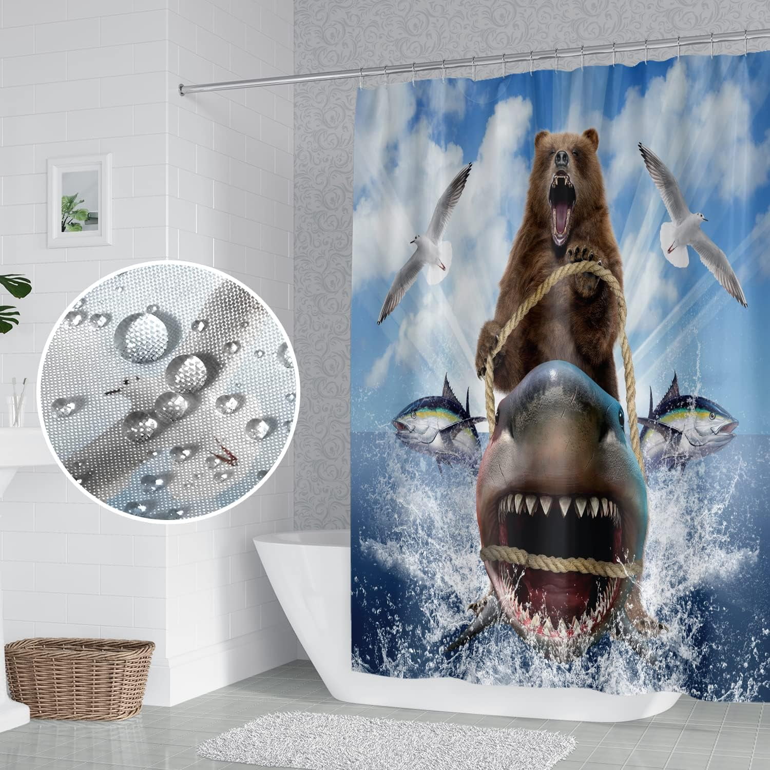 JOOCAR Funny Shark Cat Shower Curtain for Kids Bathroom Cute Cat