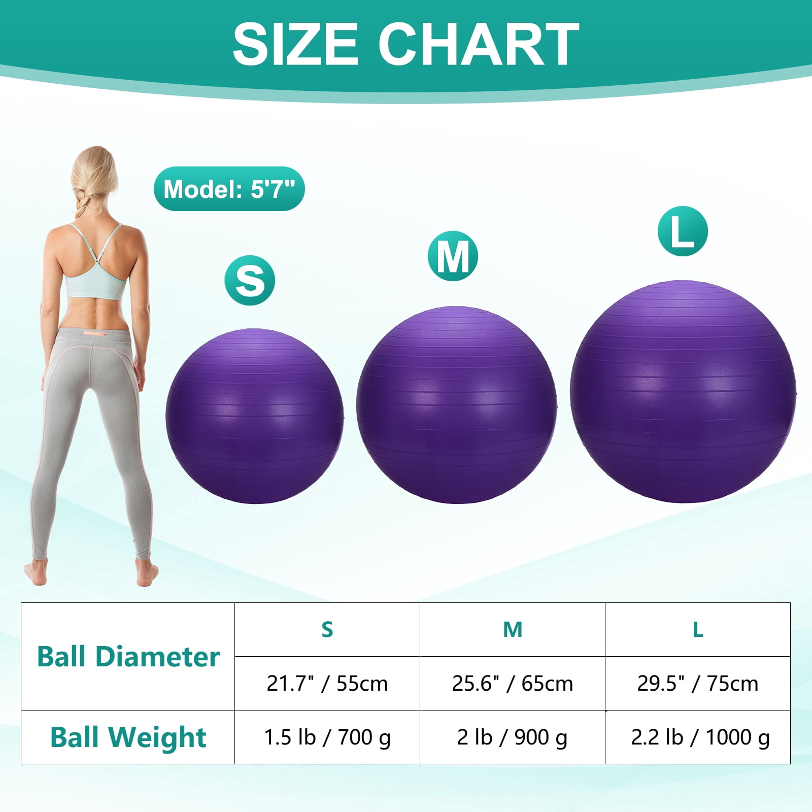 Yoga Ball, Exercise Ball 25.6" & & Purple Anti-Slip Stability Pilates Extra Thick Birth Workout with Pump - Fitting for (Gym Balance Fitness Core Workout)