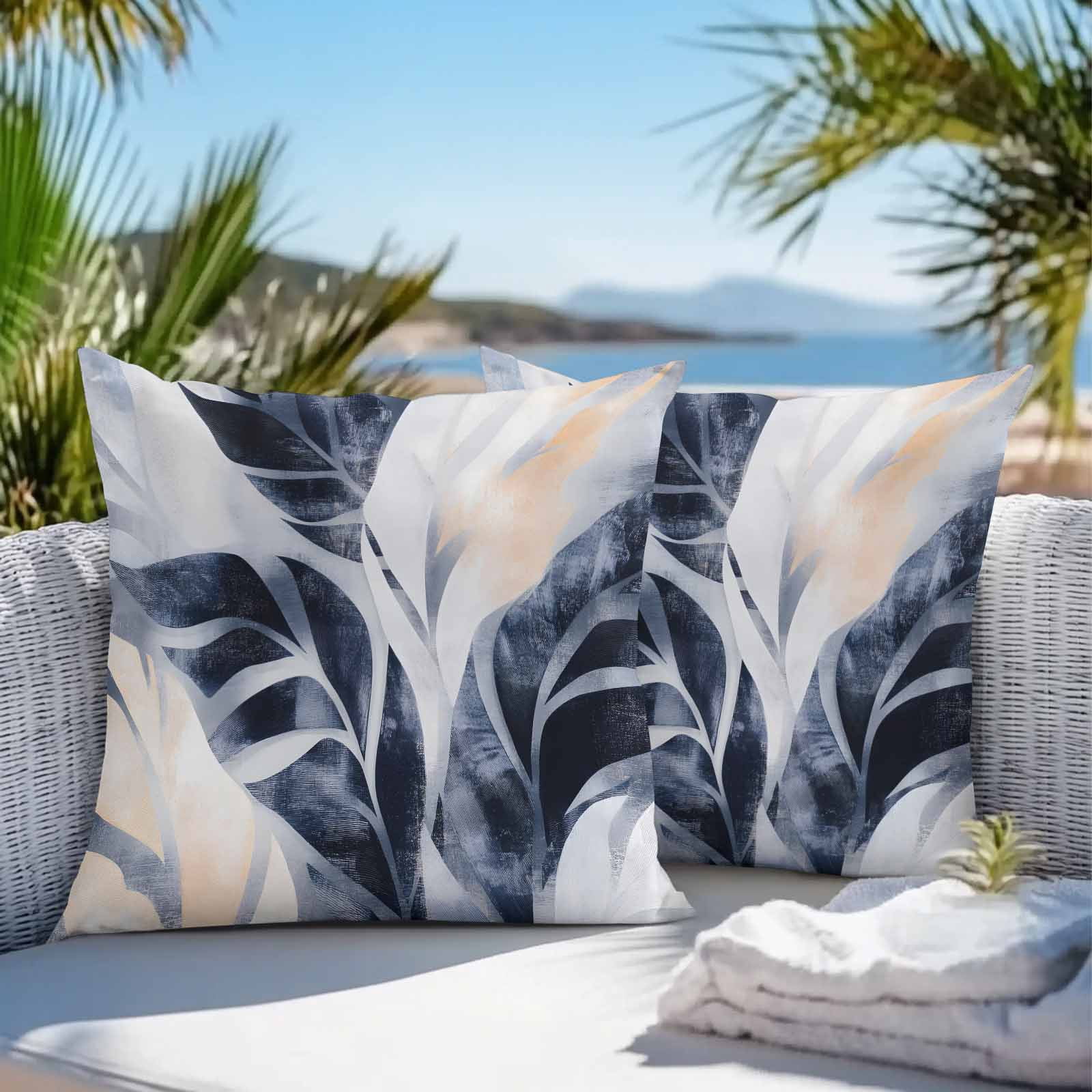Waterproof Throw Pillow Covers Set of 2, 26x26 Inch Navy Blue Botanical Decorative Pillowcases Outdoor Pillow Slip Cushion Covers Set for Couch Tent Tropical Palm Leaves Vintage