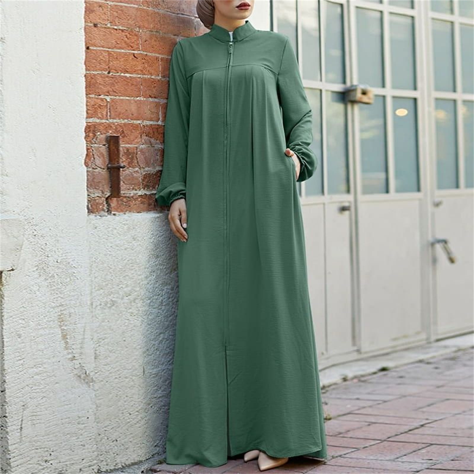 Womens Abaya Muslim Long Sleeve Front Zipper Dress Prayer Islamic Clothes with Pockets