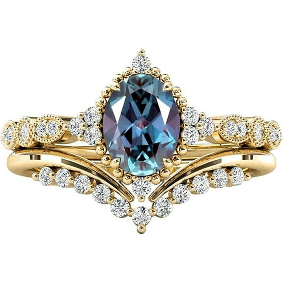 beryl_creation 925 Sterling Silver 2.00 Ct Oval Cut Alexandrite & White Diamond Wedding Valentine's Anniversary Christmas Bridal Ring Set 14K Yellow Gold Plated For Women's -8.5