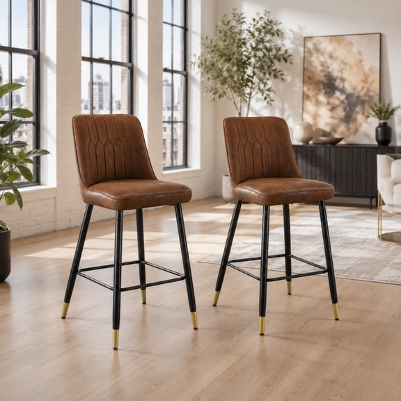 TesNus Bar Stools Set of 2, 27" Brown Faux Leather for Kitchen Island
