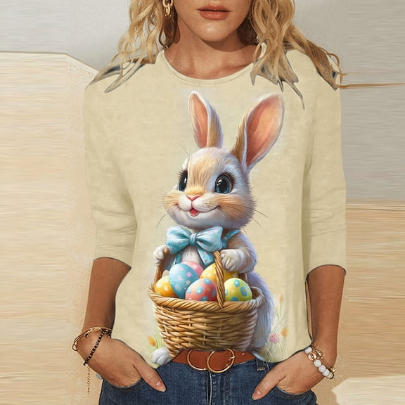 Fartey Happy Easter Shirts for Women 2025 Cute Bunny Graphic Tees Plus Size 3/4 Sleeve Tunic Blouse Loose Casual Summer Crew Neck T Shirts Multicolor S-5XL