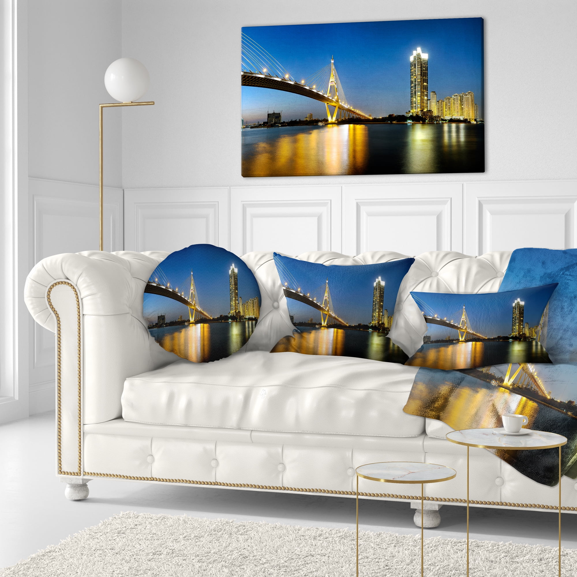 Designart Lit up Bhumibol Bridge at Dusk - Cityscape Throw Pillow - 12x20