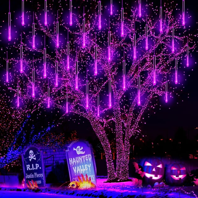 Luces de lluvia de meteoritos Purtuemy para Halloween, 8 tubos, color morado