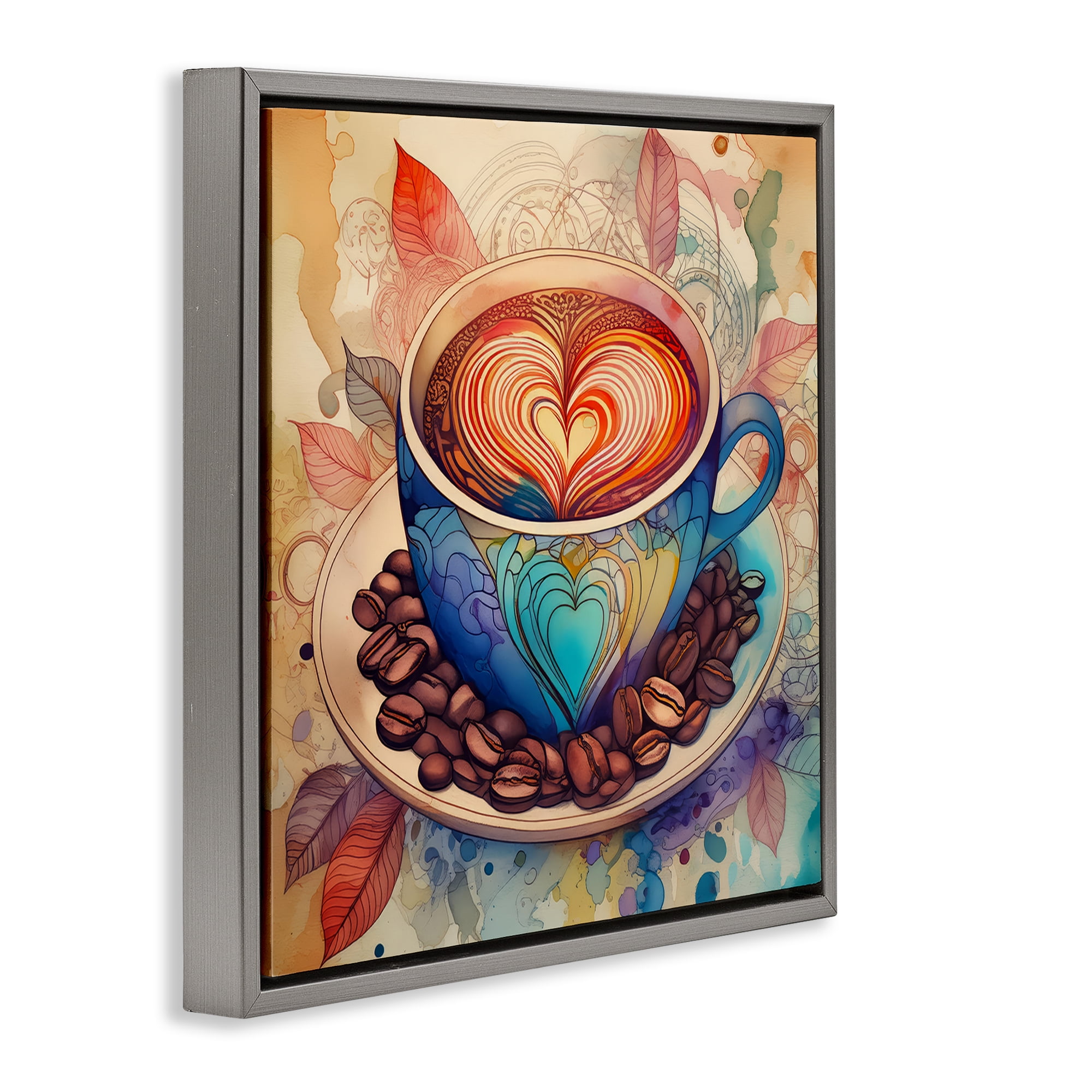 Stupell Industries Coffee Beans & Latte Food & Beverage Painting Gray Floater Framed Canvas Art Print Wall Art, 18 x 18