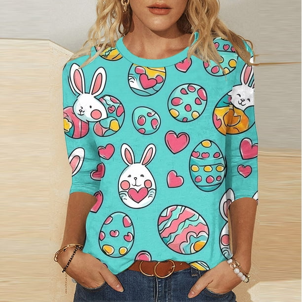 TaTaai Women Loose Fit Casual T-Shirt Easter Print Crew Neck Three Quarter Sleeve Pullover Top Ladies Spring Street Daily Wear No Fading Breathable High-Rated Fashion Top Gift