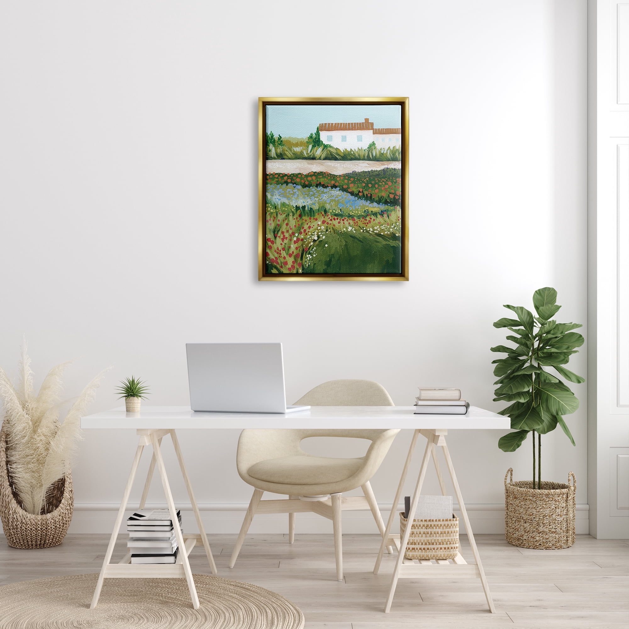 Stupell Country Cottage Meadow Road Landscape Painting Gold Floater Framed Art Print Wall Art