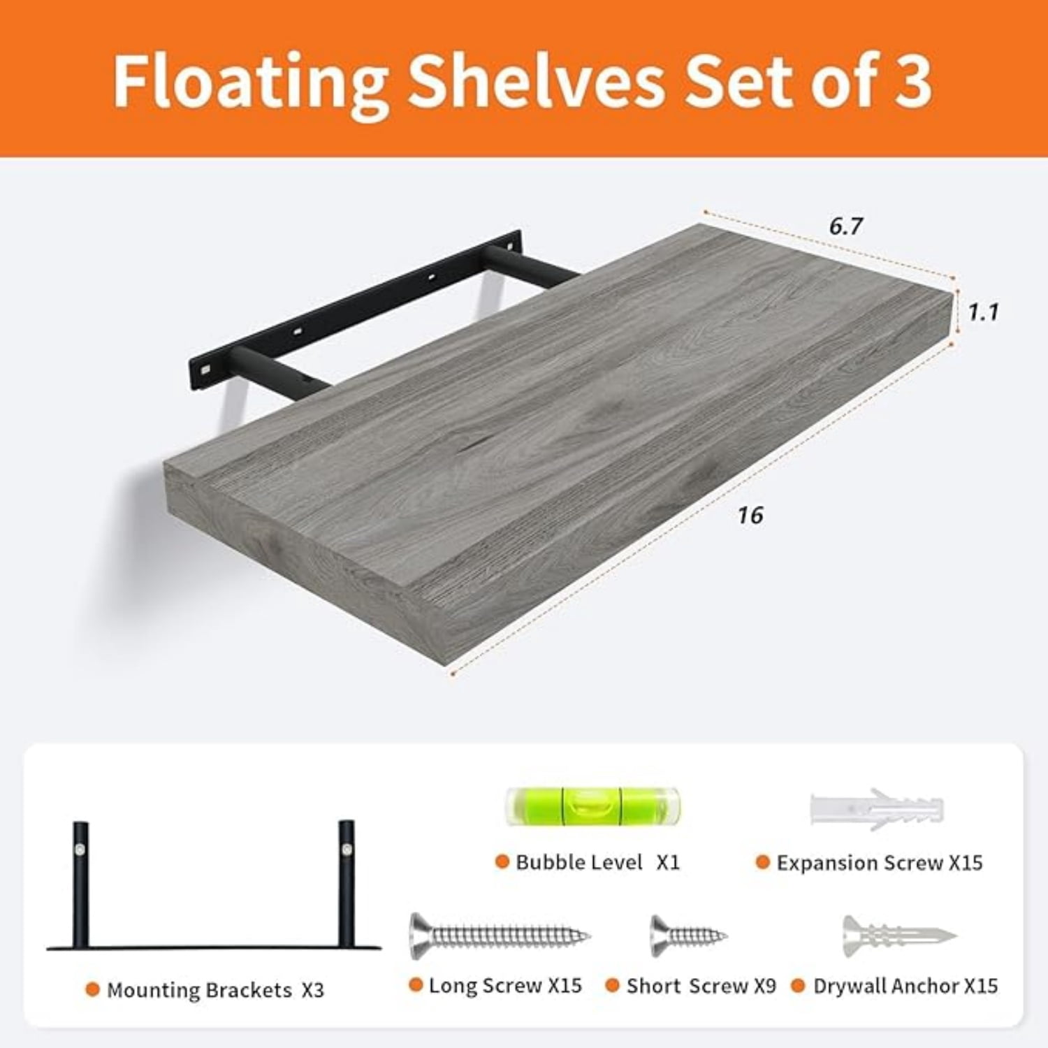 Floating Shelves for Wall Set of 3, 16" Gray Wall Shelves for Home Decor, Frame Display Floating Shelf for Living Room, Bedroom, Bathroom, Kitchen