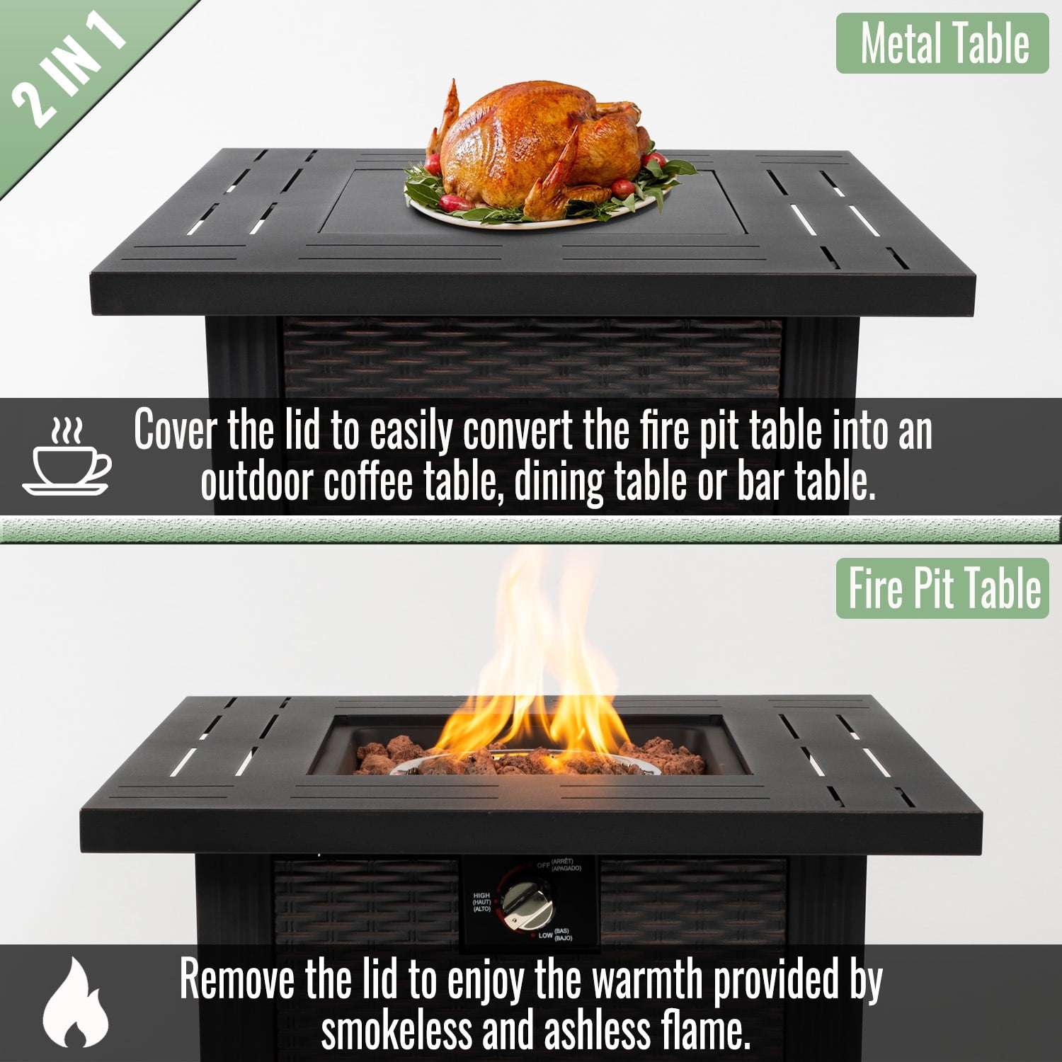 28" Propane Fire Pit Table, SHINPT Outdoor Gas Fire Pit Table, 50000 BTU Square Steel Fire Pit with Beautiful Wicker Base, Gas Fireplace for Garden, Patio, Yard, Backyard, Add Warmth to Parties