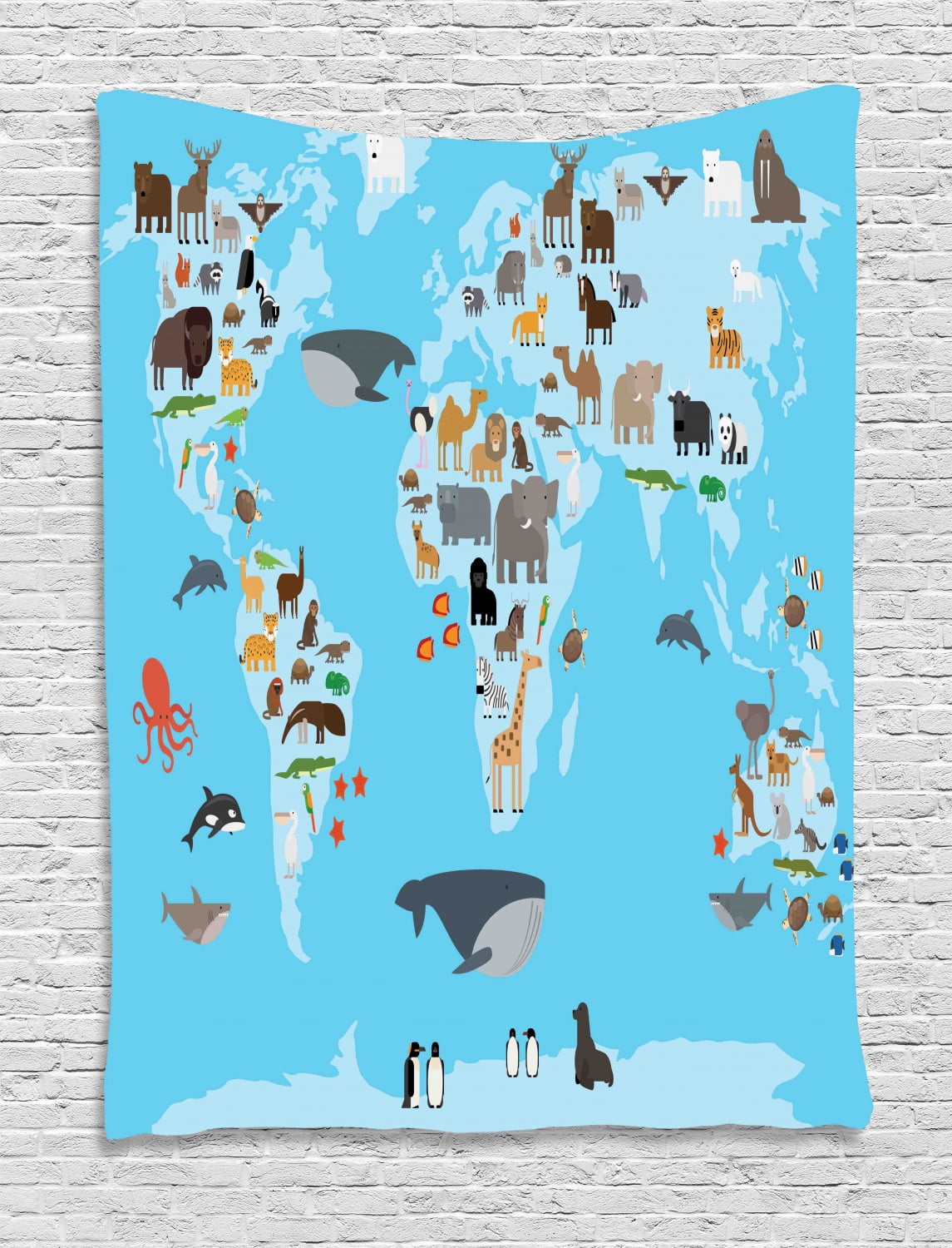 Geography Tapestry, Guide World Map Animals Living Places Kids 