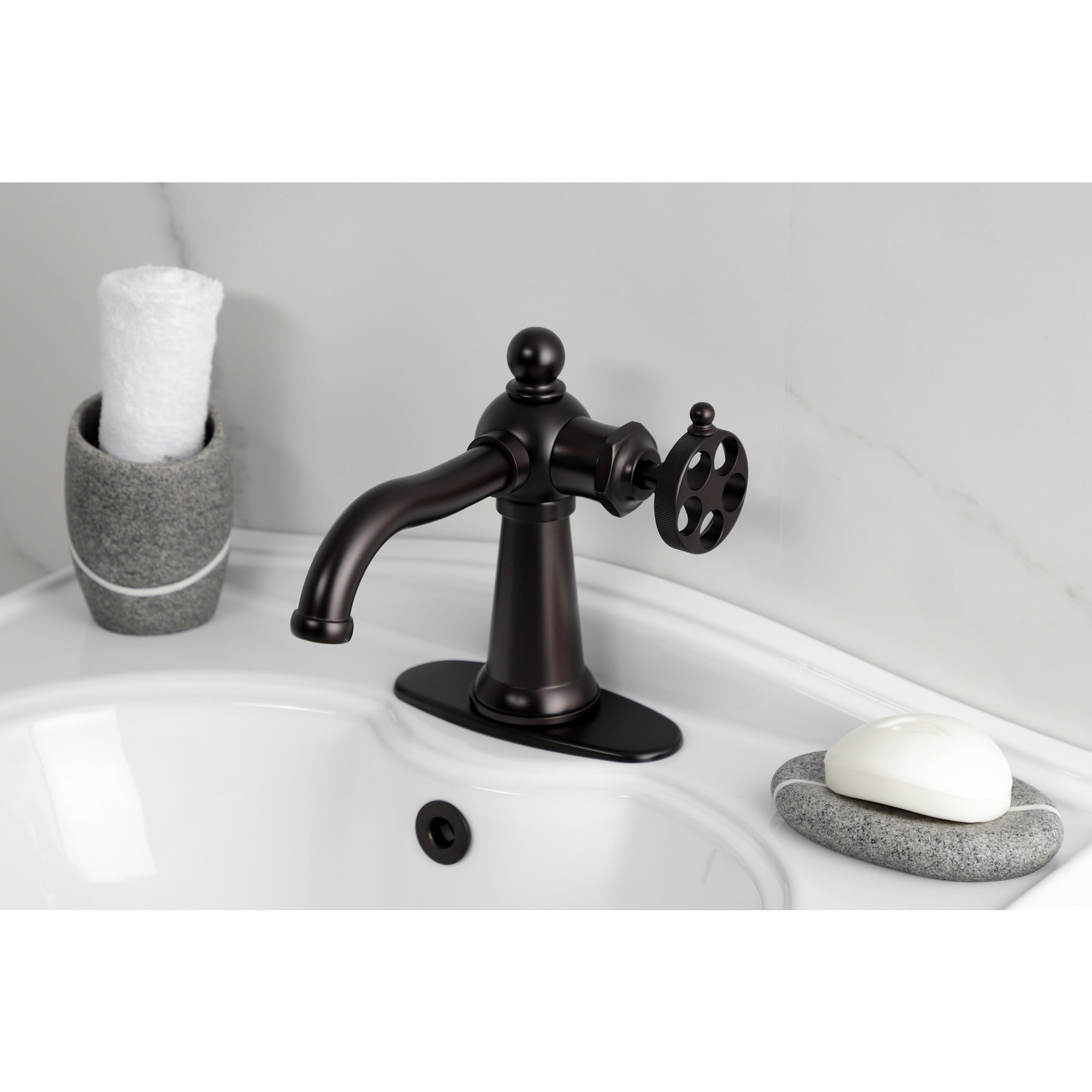 Kingston Brass KSD3545RKZ Wendell One-Handle Single-Hole Bathroom Faucet with Knurled Handle and Push Pop-Up Drain, Oil Rubbed Bronze