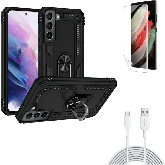 Matte Screen Protector & Hybrid Case Cover & 6ft USB-C Cable for Samsung Galaxy S22 Plus (S22 ) - Combo TPU Film Anti-Glare & Metal Ring Kickstand & Type-C Fast Charger Cord