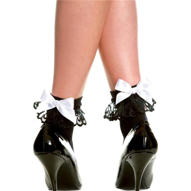 Socks Black Opaque With White Bow & Lace Ankle High Socks 