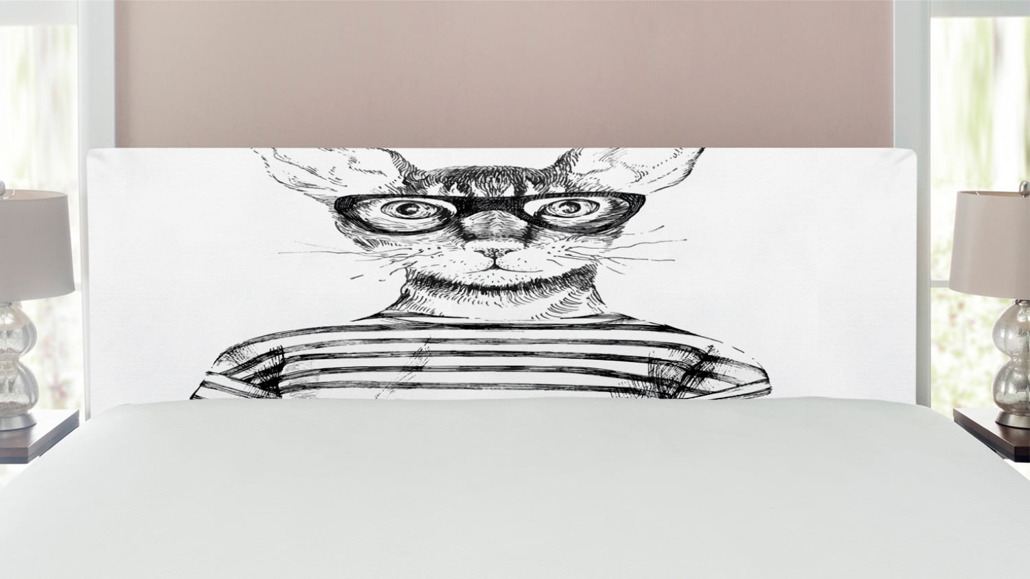 Cat Headboard, Hand Drawn Dressed up Hipster New Age Cat Fashion Urban