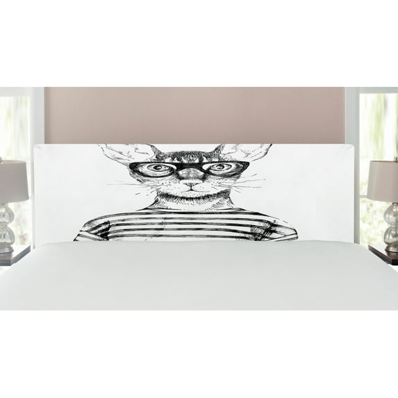 Cat Headboard, Hand Drawn Dressed up Hipster New Age Cat Fashion Urban Free Art Print, Upholstered Decorative Metal Bed Headboard with Memory Foam, King Size, Black White, by Ambesonne