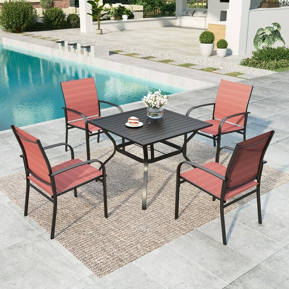 Summit Living 5-Piece Outdoor Patio Dining Set with 4 Textilene Chairs & 1 Metal Steel Table, Black & Red