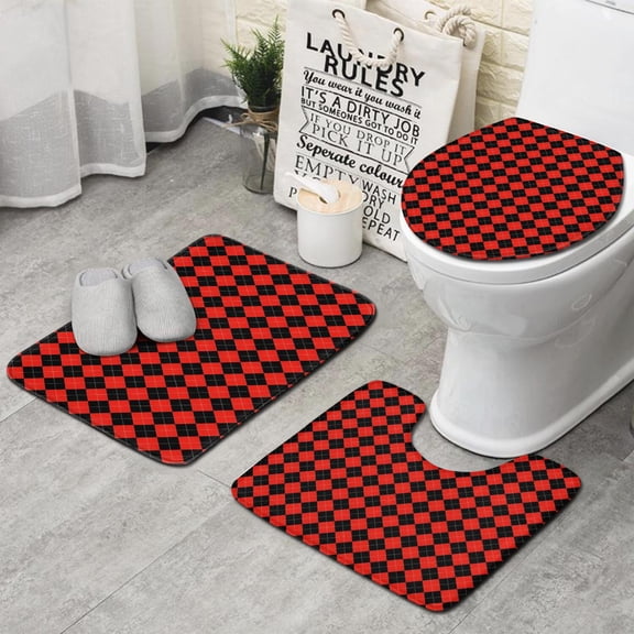 Red Black Checkerboard Checkered Pattern Bathroom Rugs Sets 3 Piece,Toilet Cover Set,Absorbent Non Slip Bathroom Mats Sets with U-Shaped Contour Rug Toilet Rug Set