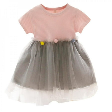 

Clearance!Children Summer Girls Cotton Cute Mesh Tulle Puff Tutu Skirt Stitching Bottoming Short Sleeve Sweet Princess Dress
