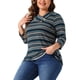 thumbnail image 4 of Blusa casual de mujer de talla grande Agnes Orinda, con mangas 3/4, de punto, a rayas, con cuello asimétrico, camiseta de moda 3X en azul y albaricoque., 4 of 6