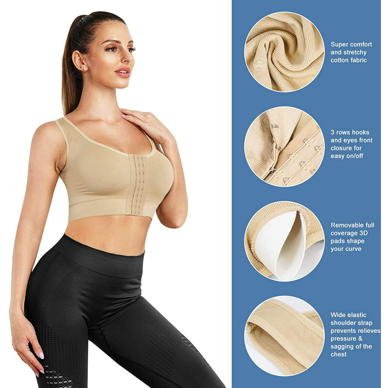 Gotoly Women's Front Closure Sports Bra Wirefree Padded Support Longline Workout  Tank Top Bra(Beige X-Large-XX-Large) 