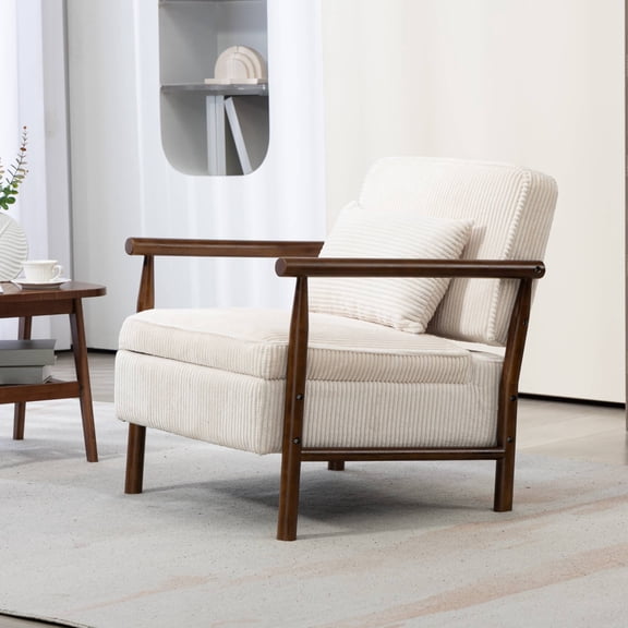 Mid-Century Accent Chair with Wood Frame, Modern Comfy Reading Armchair with Lumbar Pillow for Living Room, White