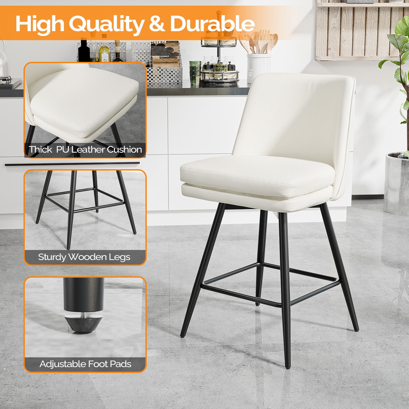 Zimtown Modern Bar Stools Set of 2, Swivel Barstool Counter Height Bar Chair, Kitchen Island Barstool 2 Pack, Off-White