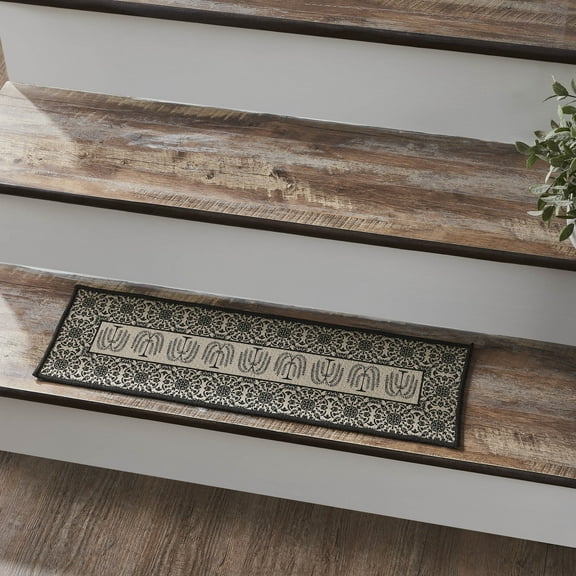 VHC Brands Custom House Black Tan Jacquard Indoor/Outdoor Stair Tread Rect Latex 8.5x27, Polyester Entry, Living Room Stair Tread, Country Style, Farmhouse, Custom House Collection, Charcoal Black