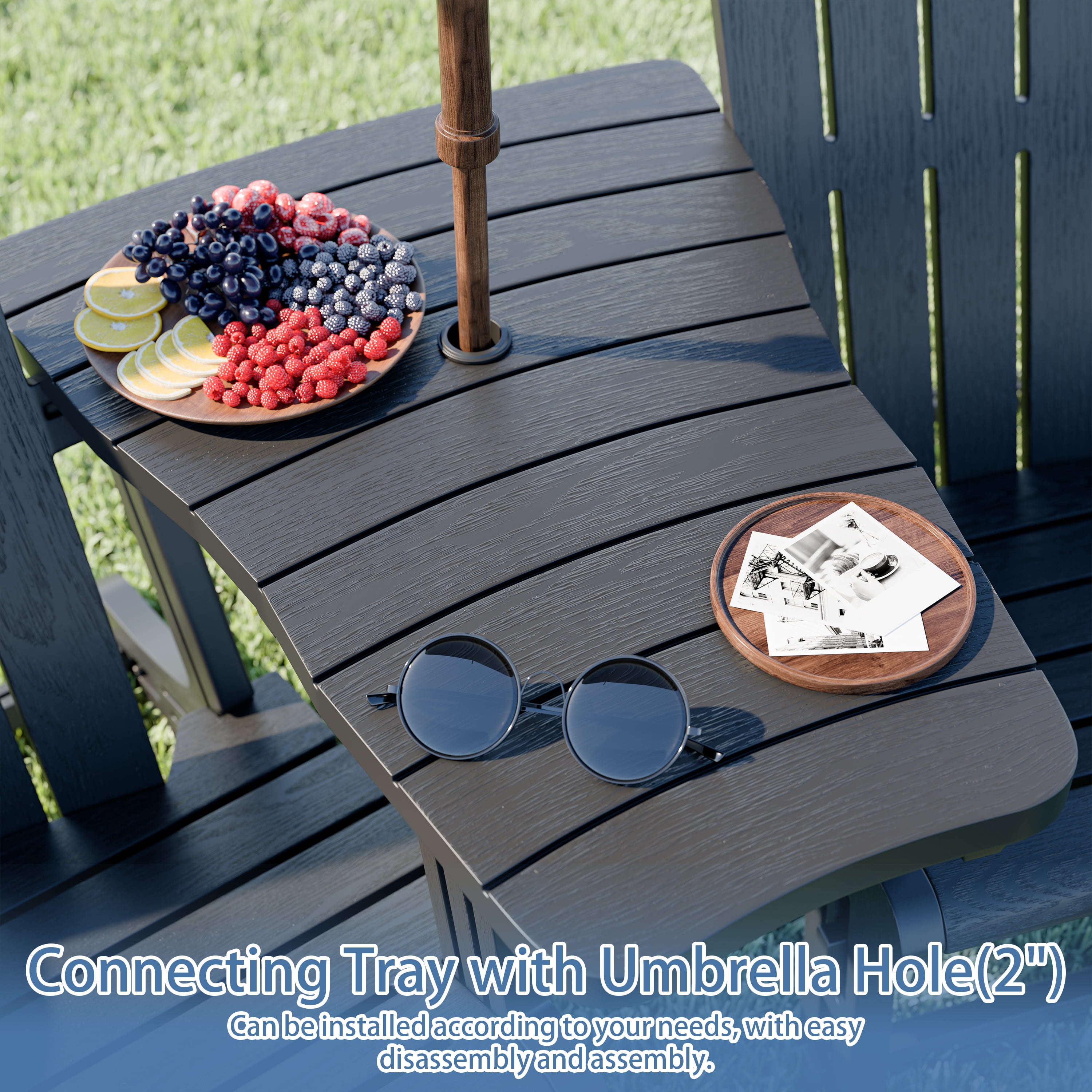 Walsunny Adirondack Chairs Set of 2 HDPE Outdoor Chair Set with Connecting Tray Cup Holder Removable Tabletop Pull-Out Footrest,All-Weather HDPE Outdoor Chair Set,Black