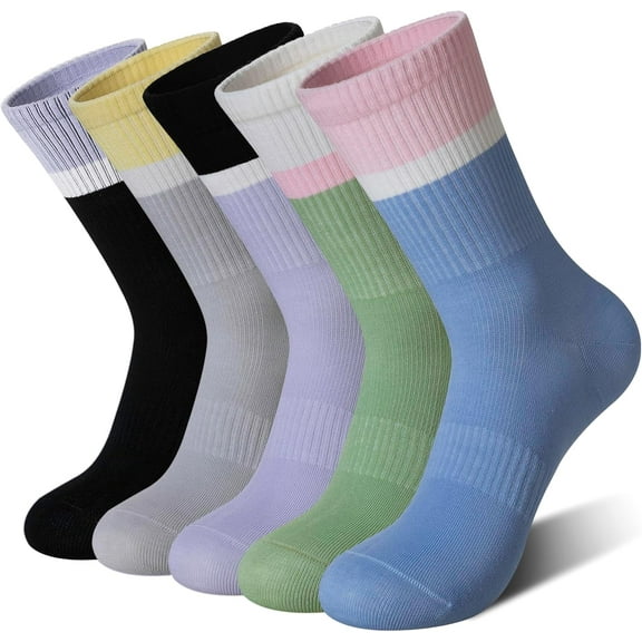 Womens Crew Socks Athletic Casual Cotton Long Socks Stripe Sport High Socks 5 Pairs