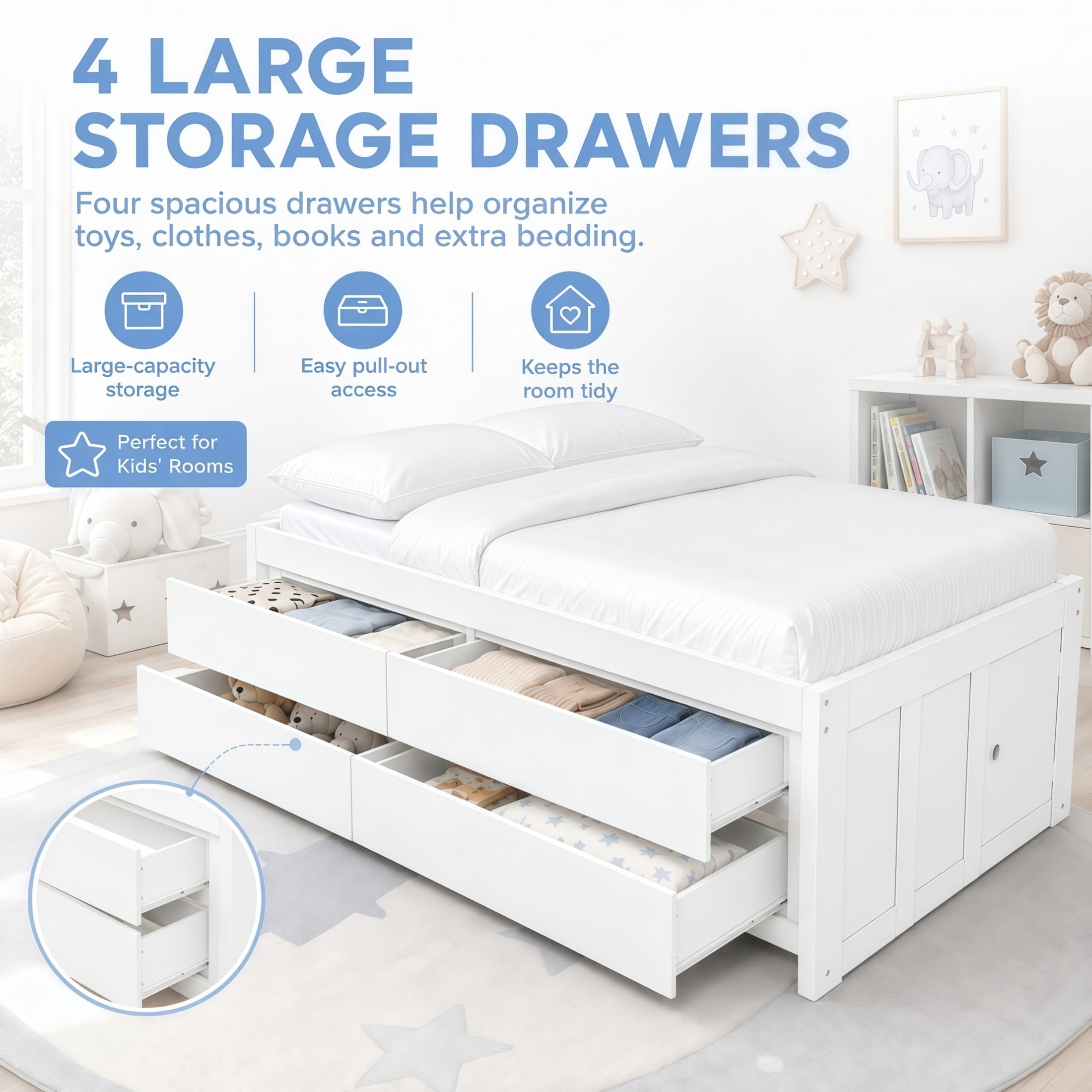 GDF Studio Tyler Twin Size Captain Bed with Storage Drawers & Side Door, Modern Space-Saving Bed for Kids, White