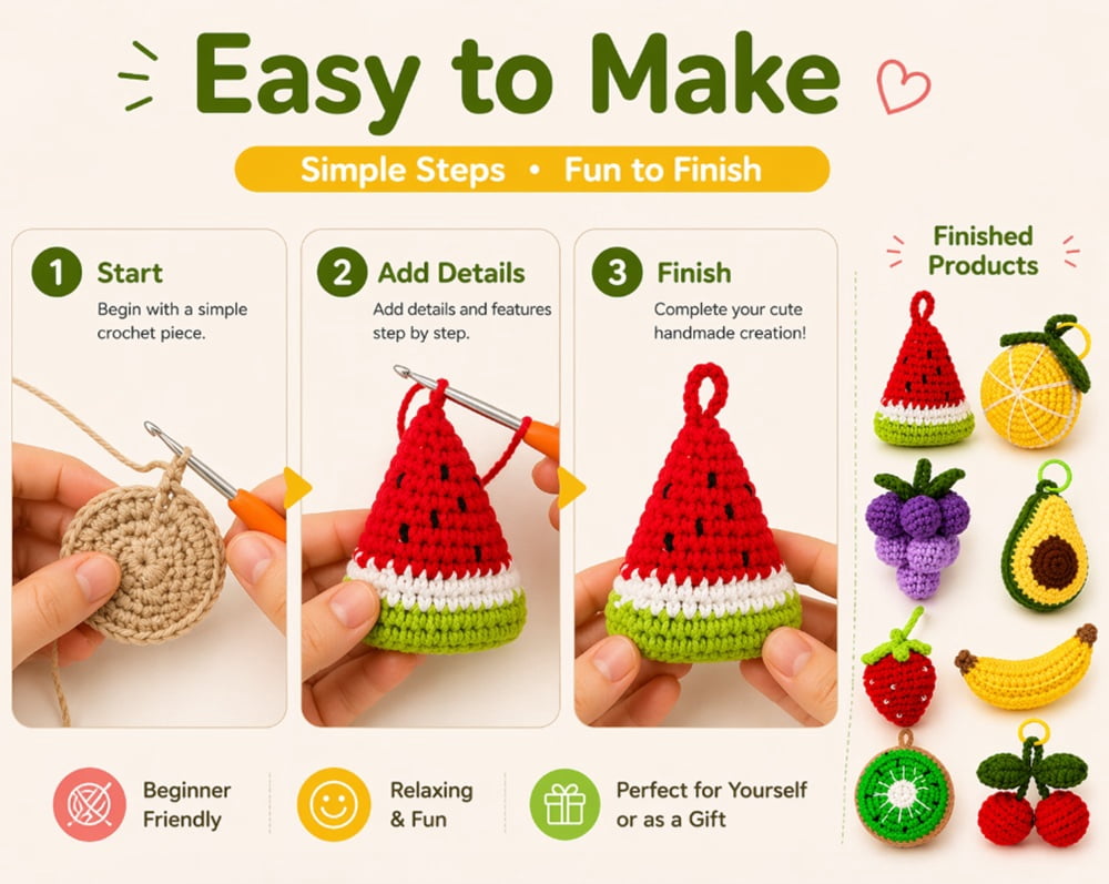 8 Pack Fruit Crochet Kit for Beginners, Fruit Amigurumi Starter Set with Step by Step Video Tutorial, TIKA