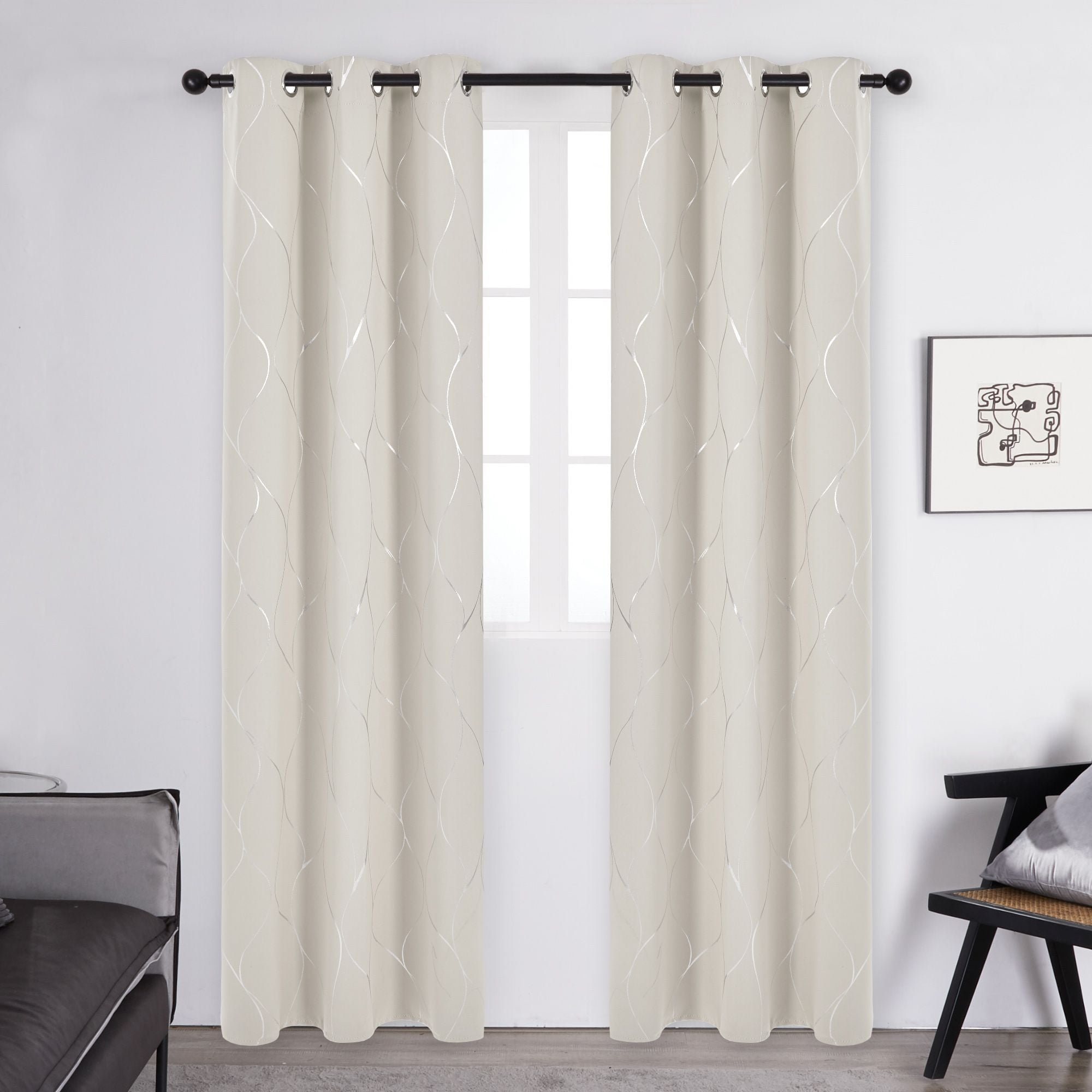 Deconovo Silver Wave Foil Print Blackout Curtains Grommet Light