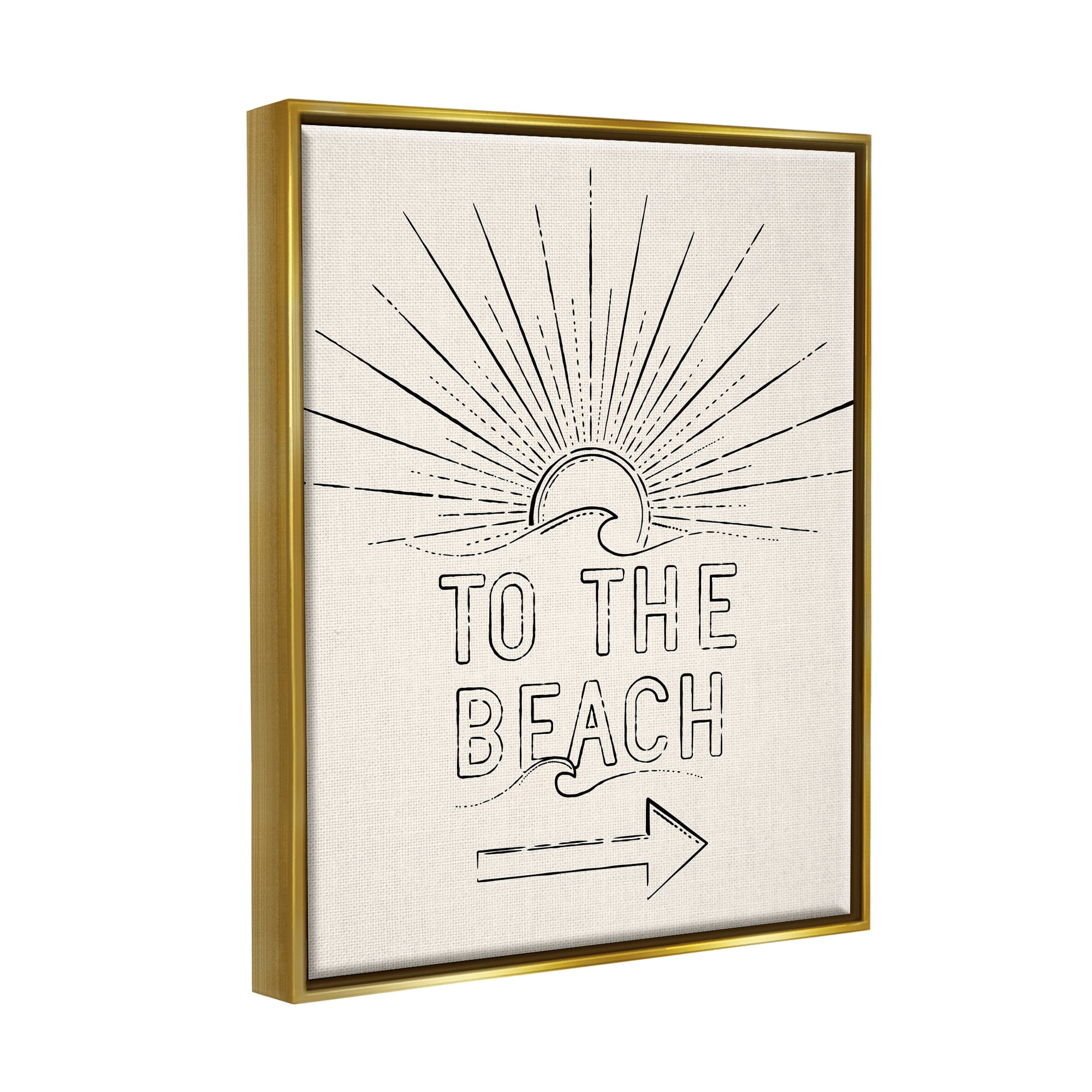 Stupell Industries To The Beach Weathered Vintage Sun Horizon Typography Graphic Art Metallic Gold Floating Framed Canvas Print Wall Art, Design by JJ Design House LLC