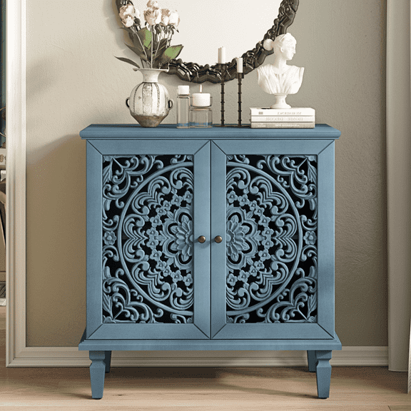 Atumcto Vintage Accent Sideboard Storage Cabinet, 2-Door Display Cabinet with Symmetrical Floral Carved Design, Adjustable Shelf & Solid Wood Legs for Living Room or Entryway, Antique Blue