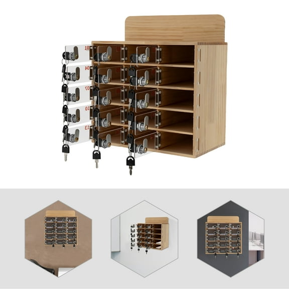 15-Slots Cell Phone Locker Box, Cell Phone Storage Locker with Door Locks and Keys, Wall-Mounted Cell Phones Storage Cabinet, Wooden Pocket Storage Locker Box, Clear Numbering, Top Signboard