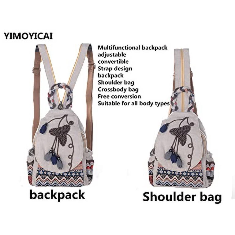 Boho Hippie Small Canvas Backpack Purse - Convertible Sling Bag Embroidered Amazon.com: HUANGGUOSHU Boho and Hippie Small Canvas  main image 4