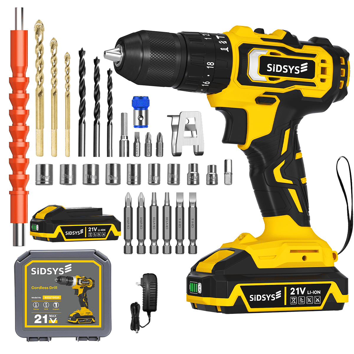SIDSYS 21V Cordless Drill, Power Drill Set with 2 Batteries and Charger, 34pcs Electric Drill